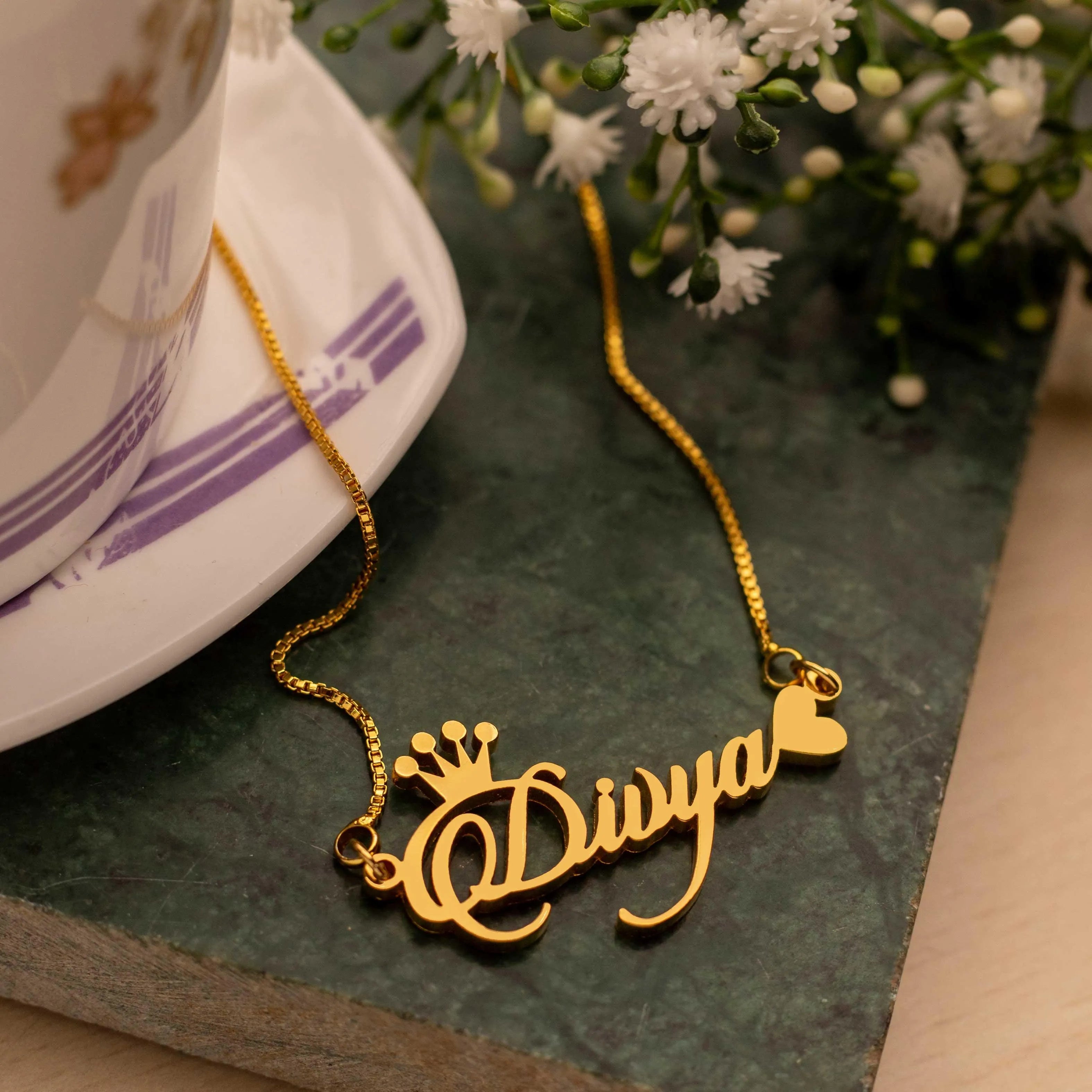 Bold Angular Script Custom Name Necklace – Personalized Crown Name Pendant