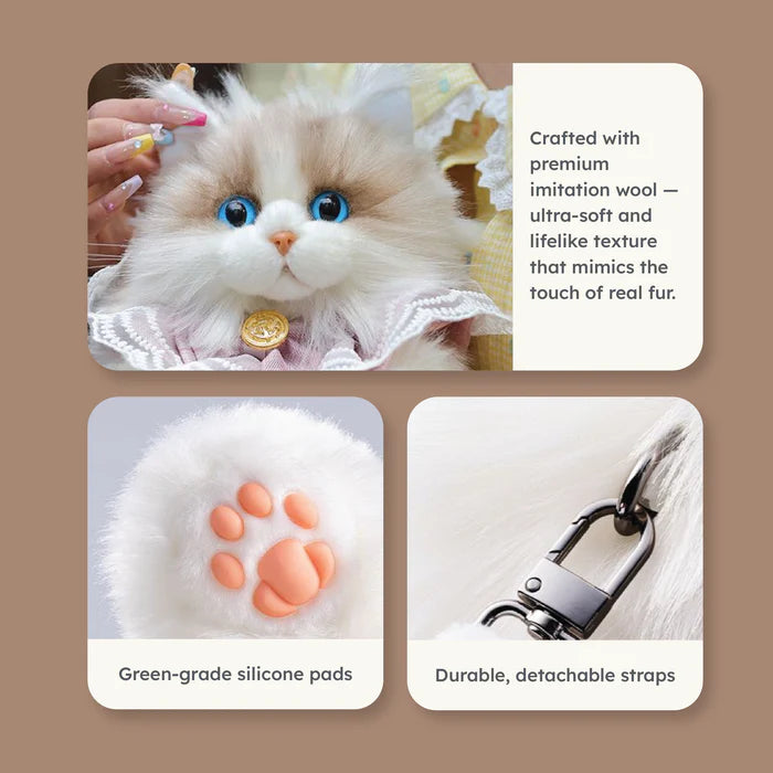 Collage of a fluffy toy cat with text about its features on a brown background