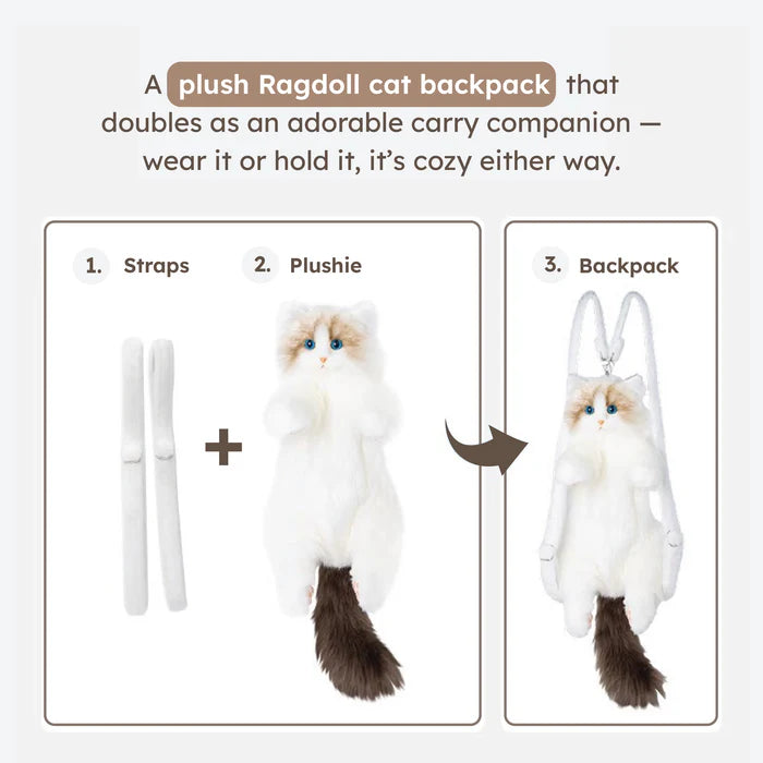 Plush Ragdoll cat backpack with straps and plushie features on a white background