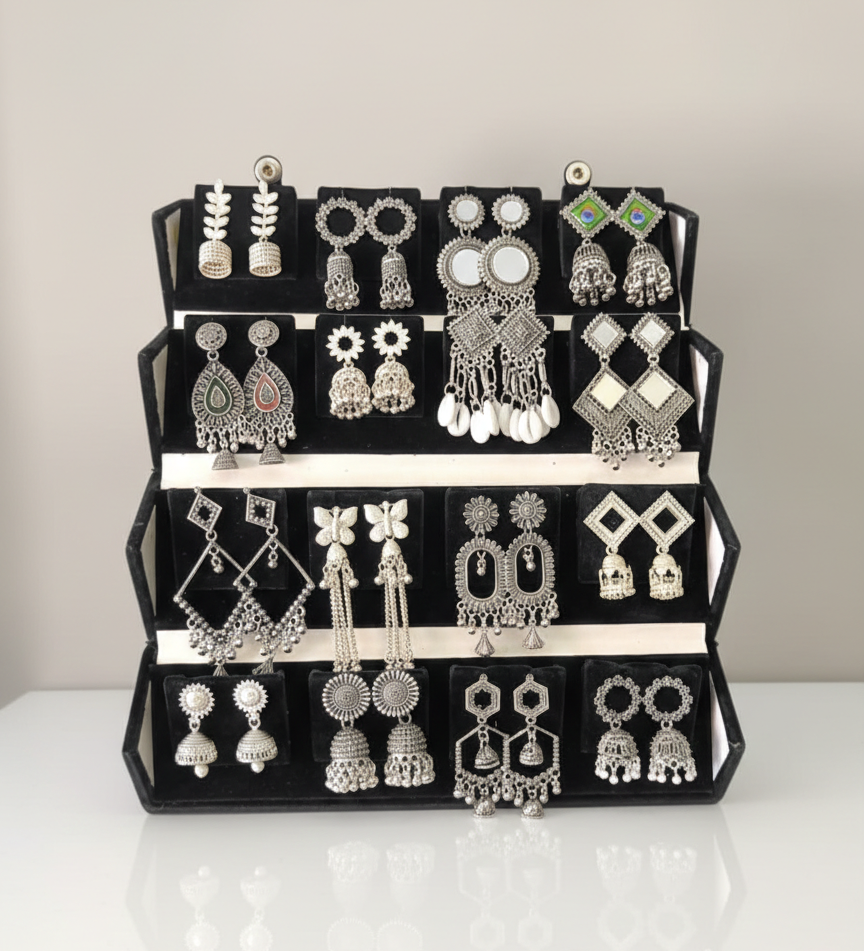 Set of 16 oxidized designer stud earrings in premium folding jewellery gift box by ALVINA